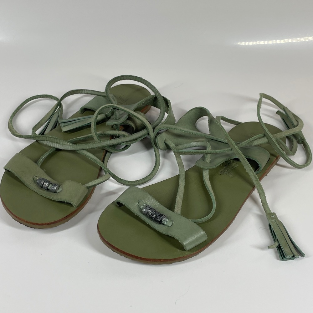 Sz 6.5 Free People Sage Green Leather Lace Up Gladiator Tassel Sandals 37 Boho